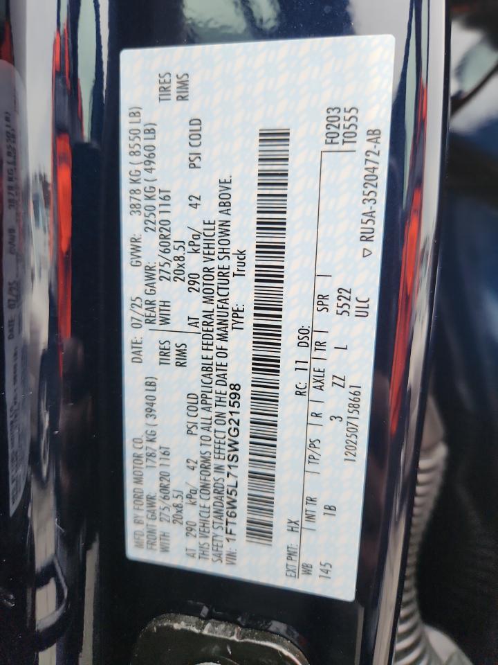 2025 Ford F150 Lightning Lariat VIN: 1FT6W5L71SWG21598 Lot: 90231545