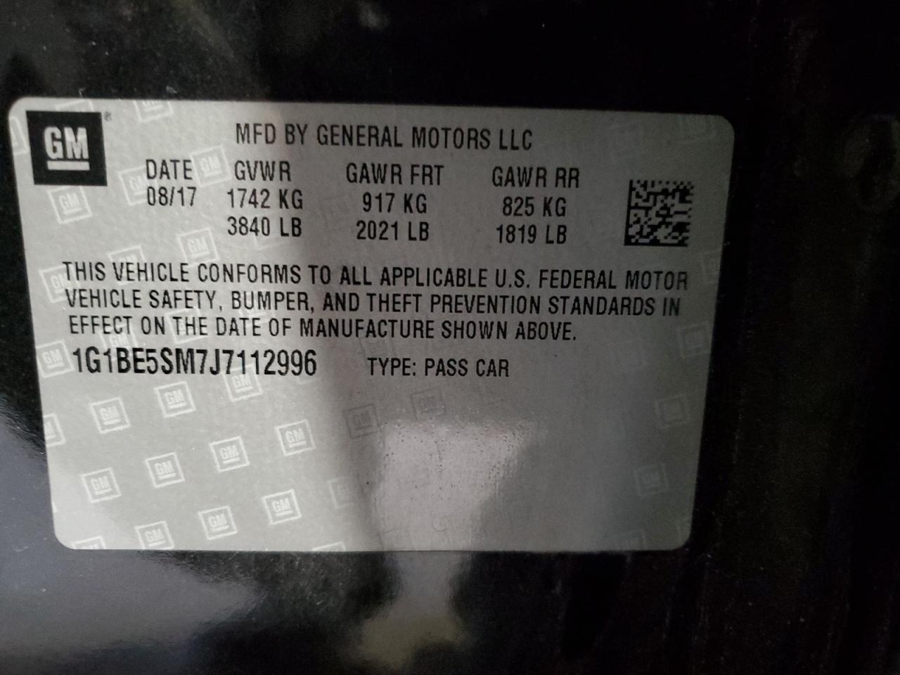 2018 Chevrolet Cruze Lt VIN: 1G1BE5SM7J7112996 Lot: 91100025