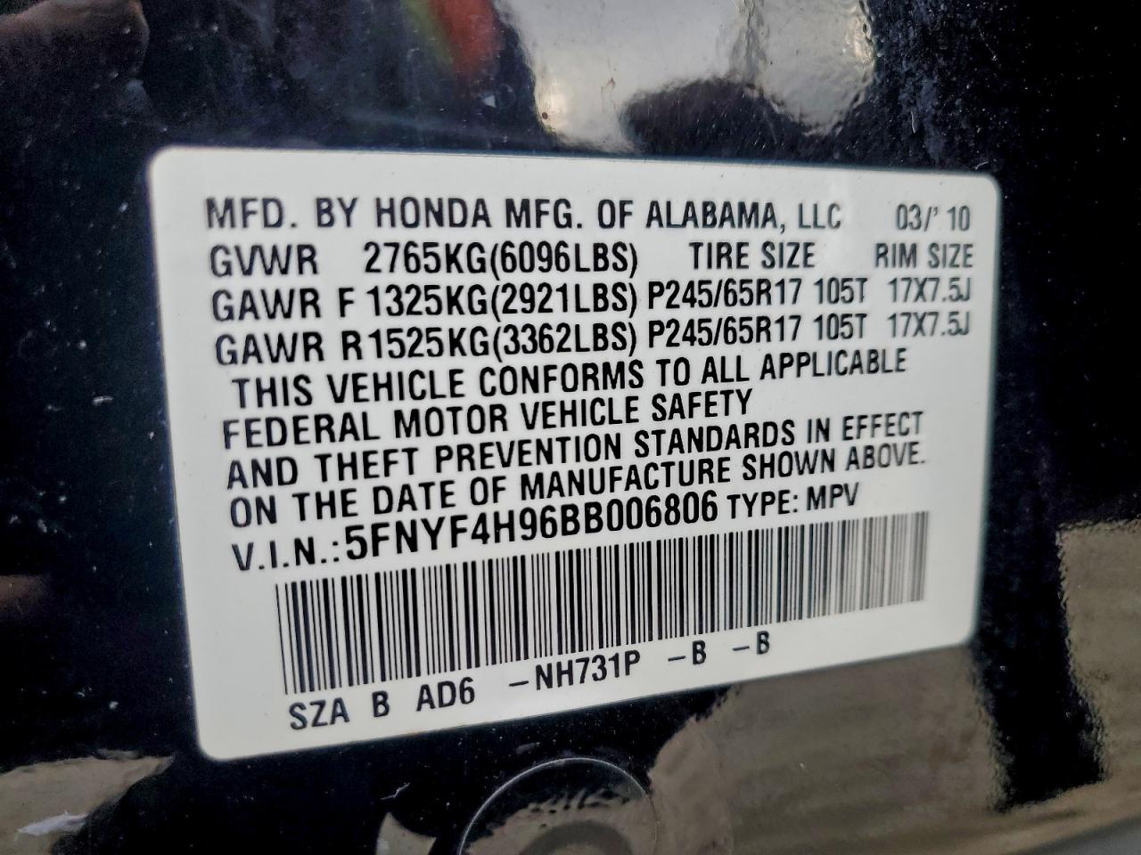 2011 Honda Pilot Touring VIN: 5FNYF4H96BB006806 Lot: 94394035