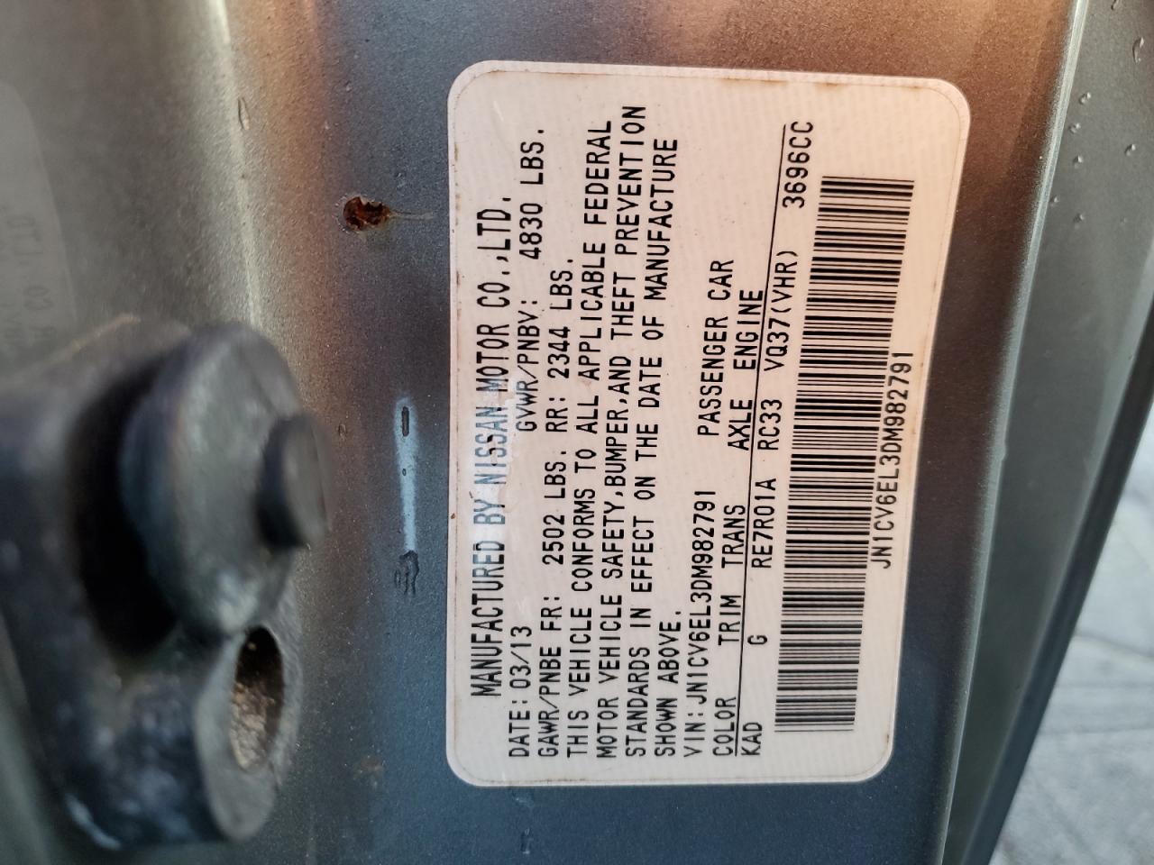 2013 Infiniti G37 VIN: JN1CV6EL3DM982791 Lot: 91387145