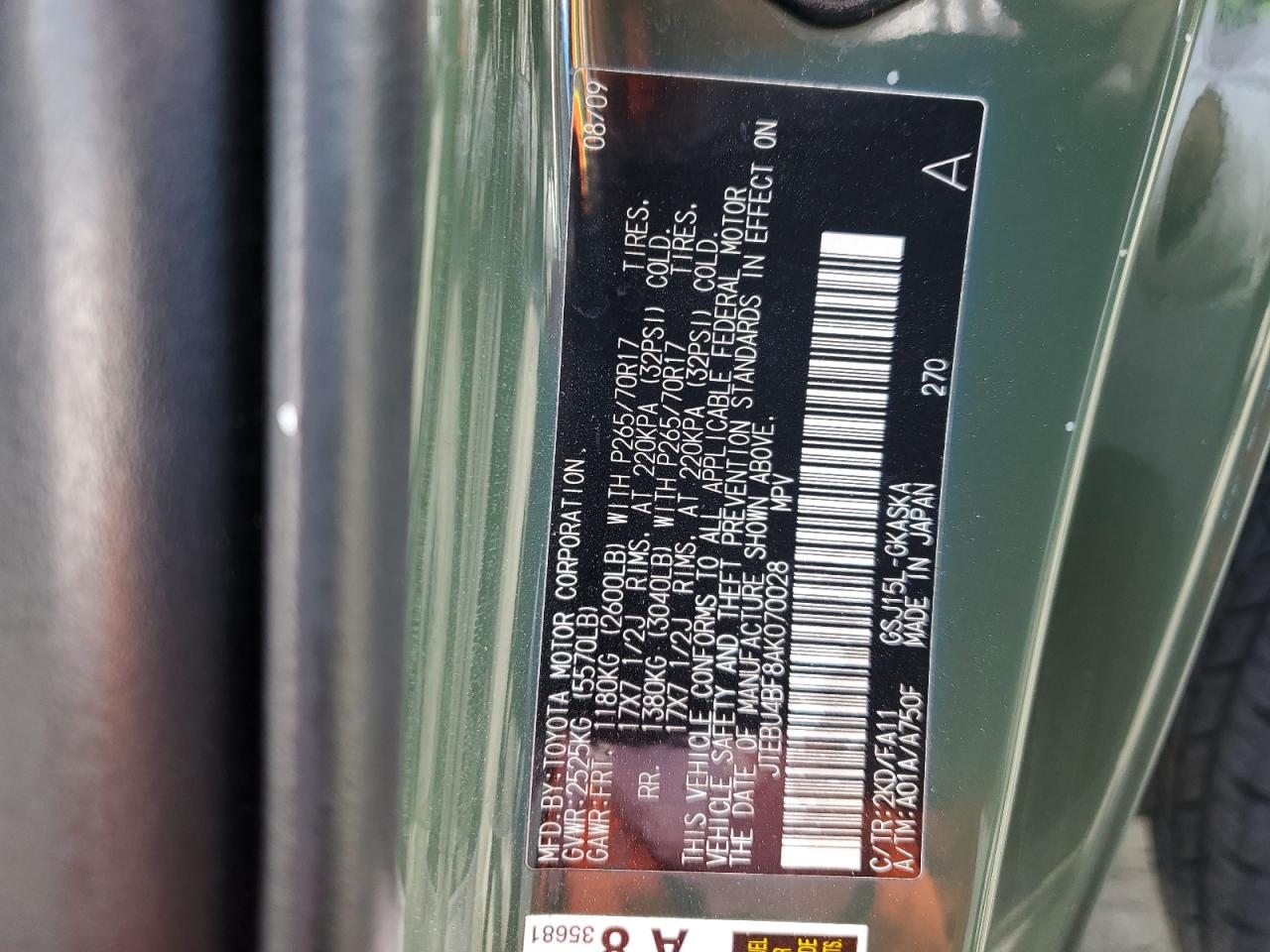 2010 Toyota Fj Cruiser VIN: JTEBU4BF8AK070028 Lot: 91914725