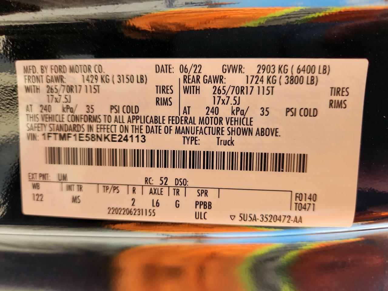 2022 Ford F150 VIN: 1FTMF1E58NKE24113 Lot: 90255195