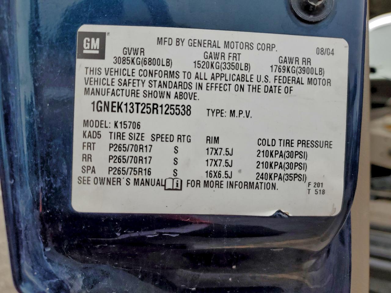 2005 Chevrolet Tahoe K1500 VIN: 1GNEK13T25R125538 Lot: 93659685