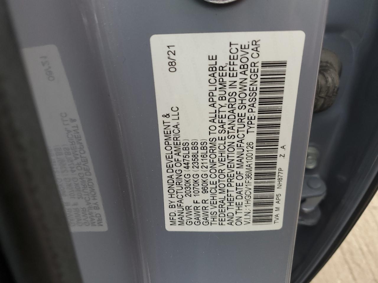 2021 Honda Accord Sport VIN: 1HGCV1F36MA100126 Lot: 93436305