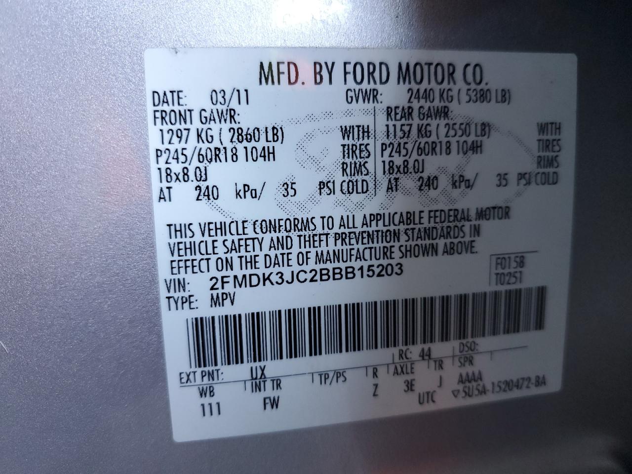 2011 Ford Edge Sel VIN: 2FMDK3JC2BBB15203 Lot: 93124645