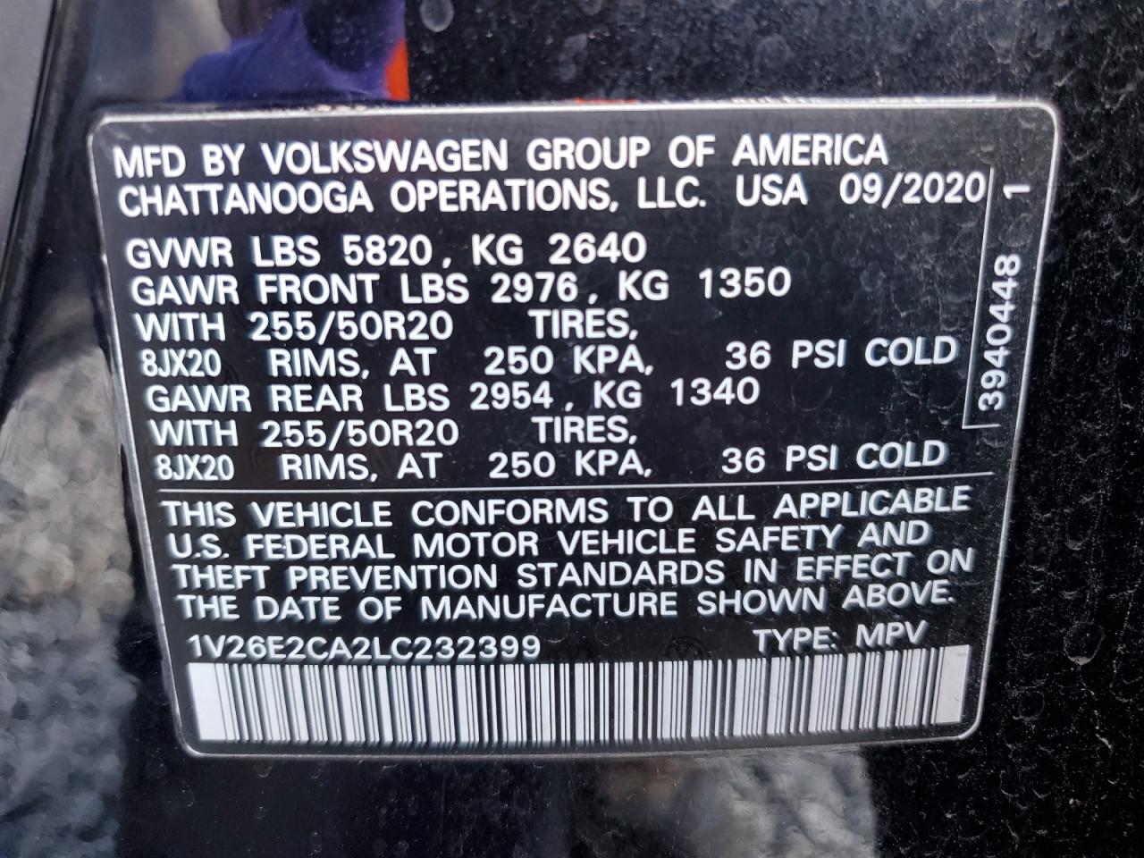 2020 Volkswagen Atlas Cross Sport Se VIN: 1V26E2CA2LC232399 Lot: 91809115