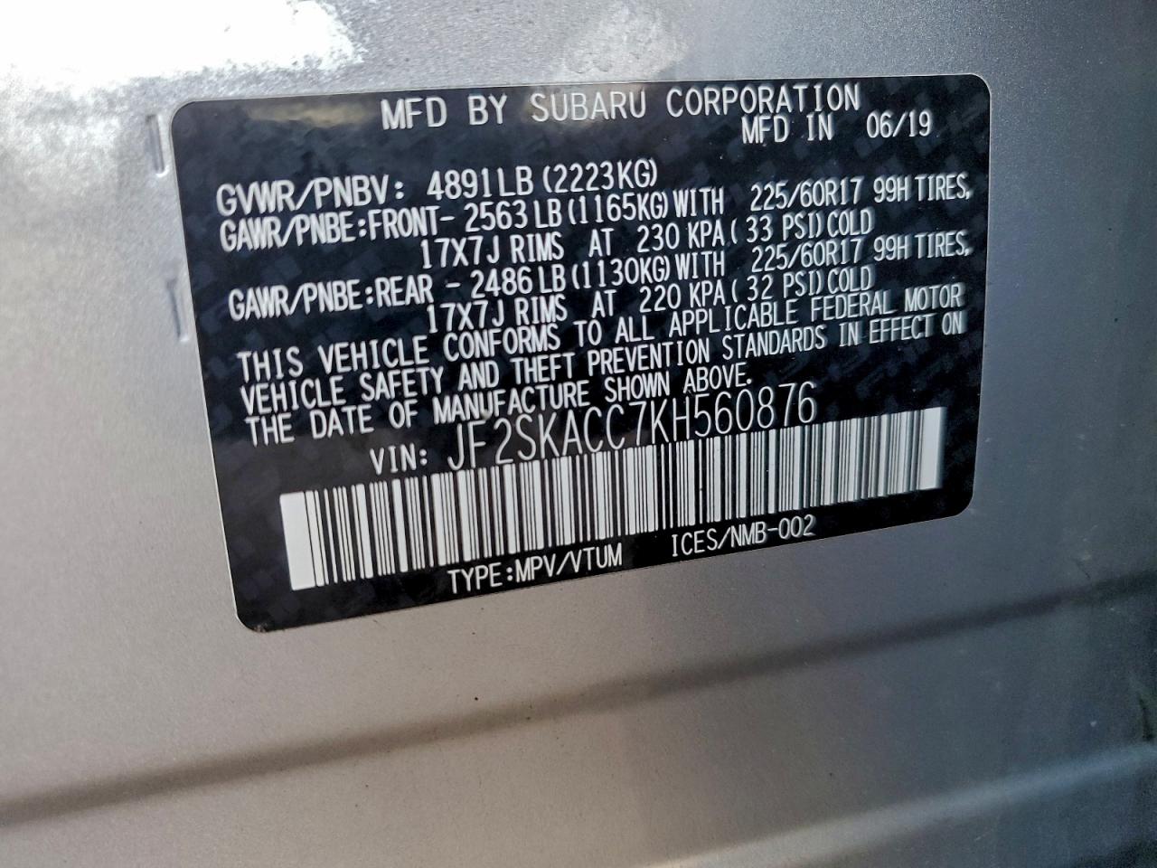 2019 Subaru Forester VIN: JF2SKACC7KH560876 Lot: 93704335