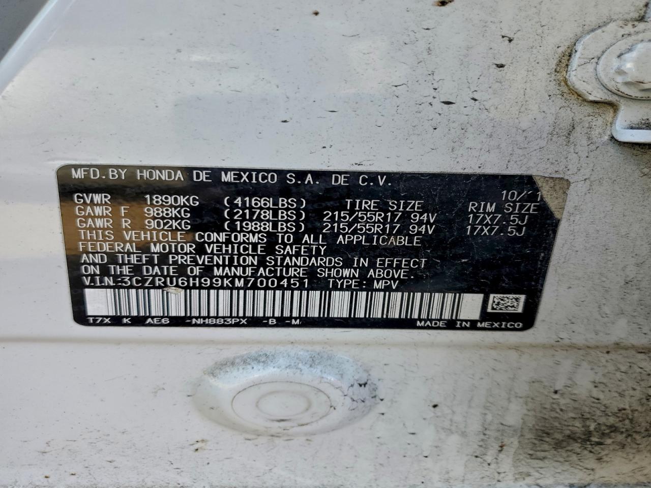 2019 Honda Hr-V Touring VIN: 3CZRU6H99KM700451 Lot: 93778295