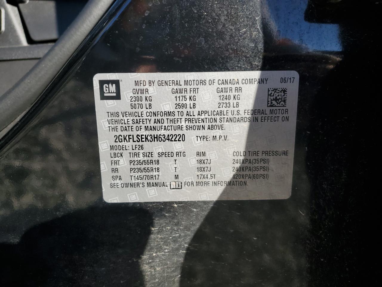 2017 GMC Terrain Sle VIN: 2GKFLSEK3H6342220 Lot: 91003935