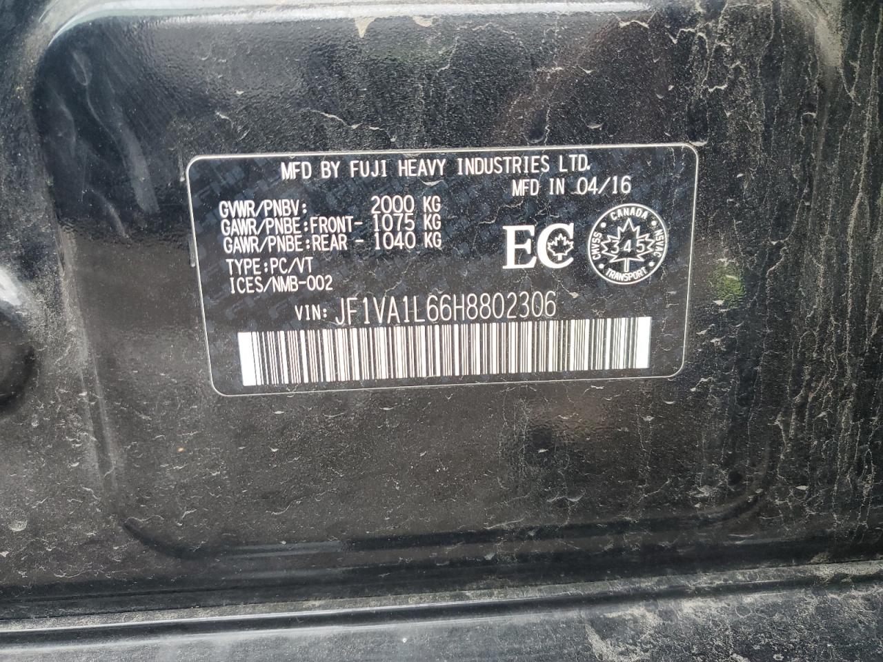 2017 Subaru Wrx Limited VIN: JF1VA1L66H8802306 Lot: 92926705