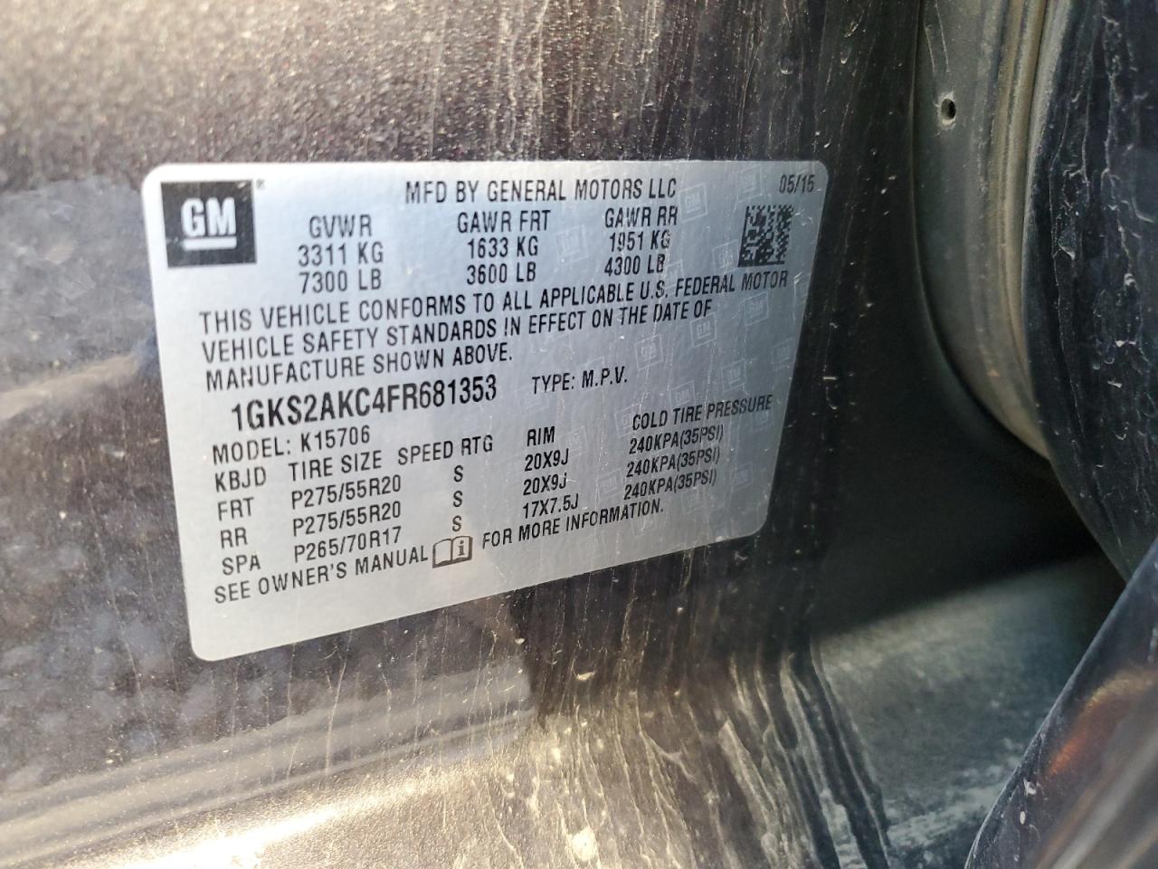 2015 GMC Yukon Sle VIN: 1GKS2AKC4FR681353 Lot: 91674865