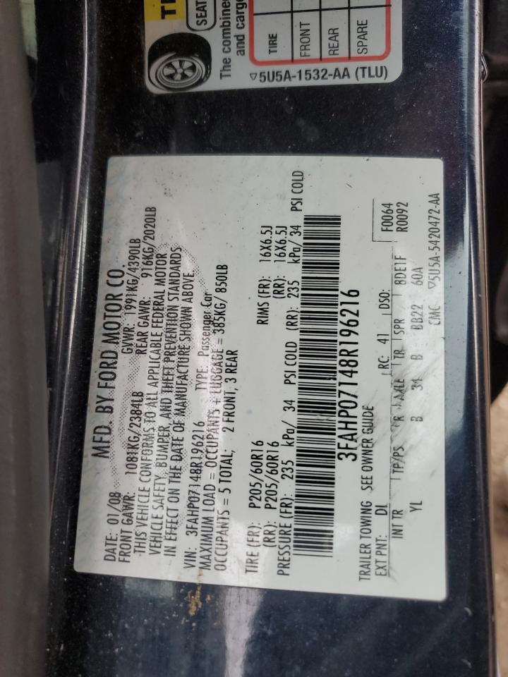 2008 Ford Fusion Se VIN: 3FAHP07148R196216 Lot: 91732925