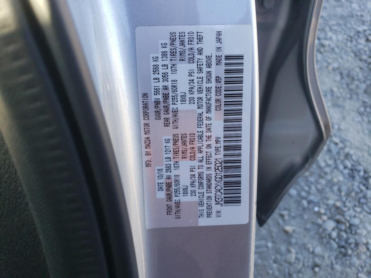 2016 Mazda Cx-9 Touring VIN: JM3TCACYXG0125021 Lot: 91128215