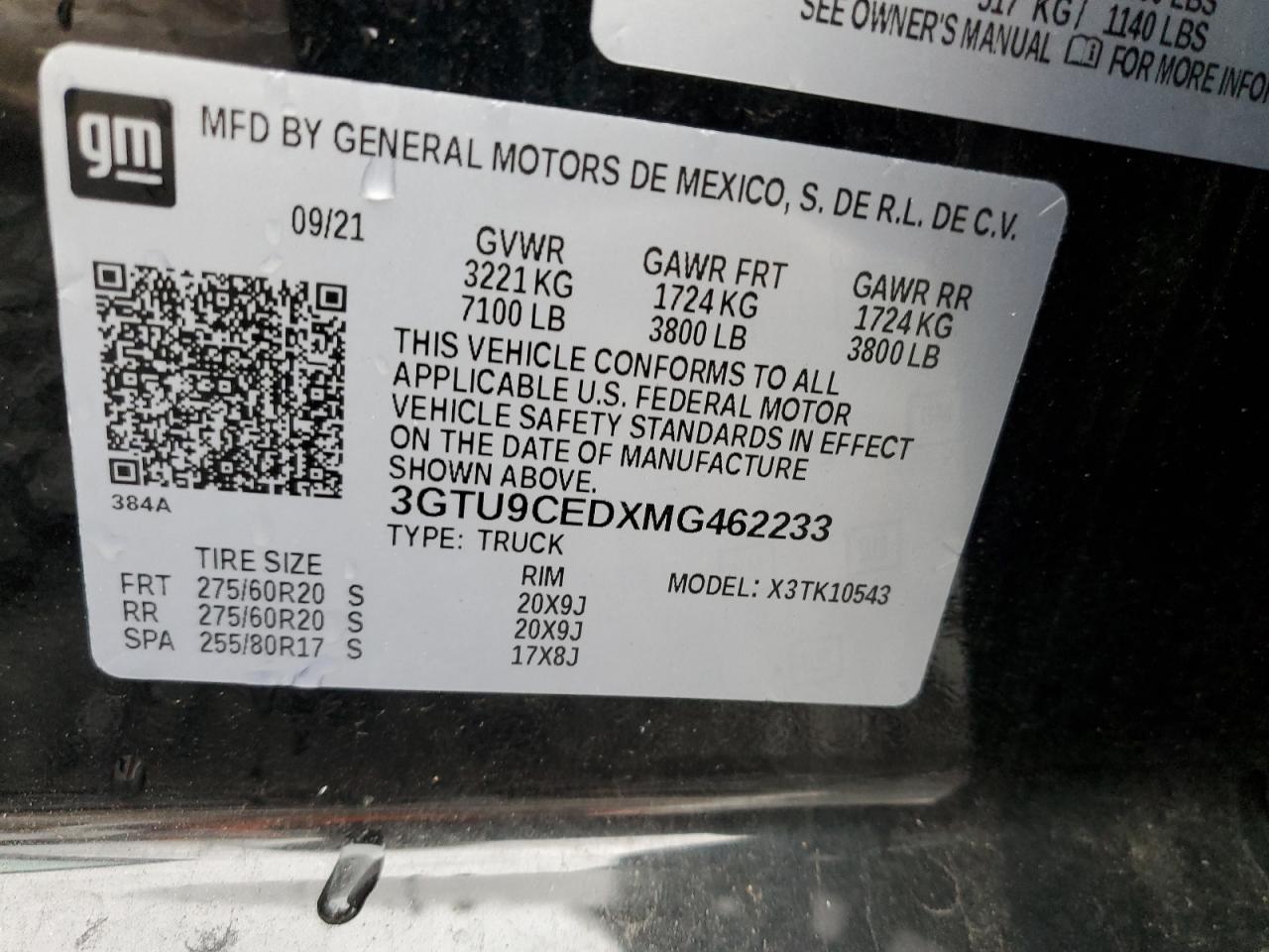 2021 GMC Sierra K1500 Elevation VIN: 3GTU9CEDXMG462233 Lot: 91090485