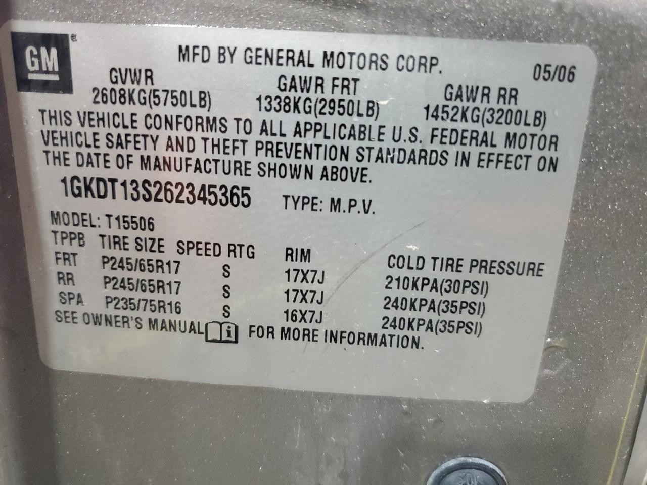 2006 GMC Envoy VIN: 1GKDT13S262345365 Lot: 93462785