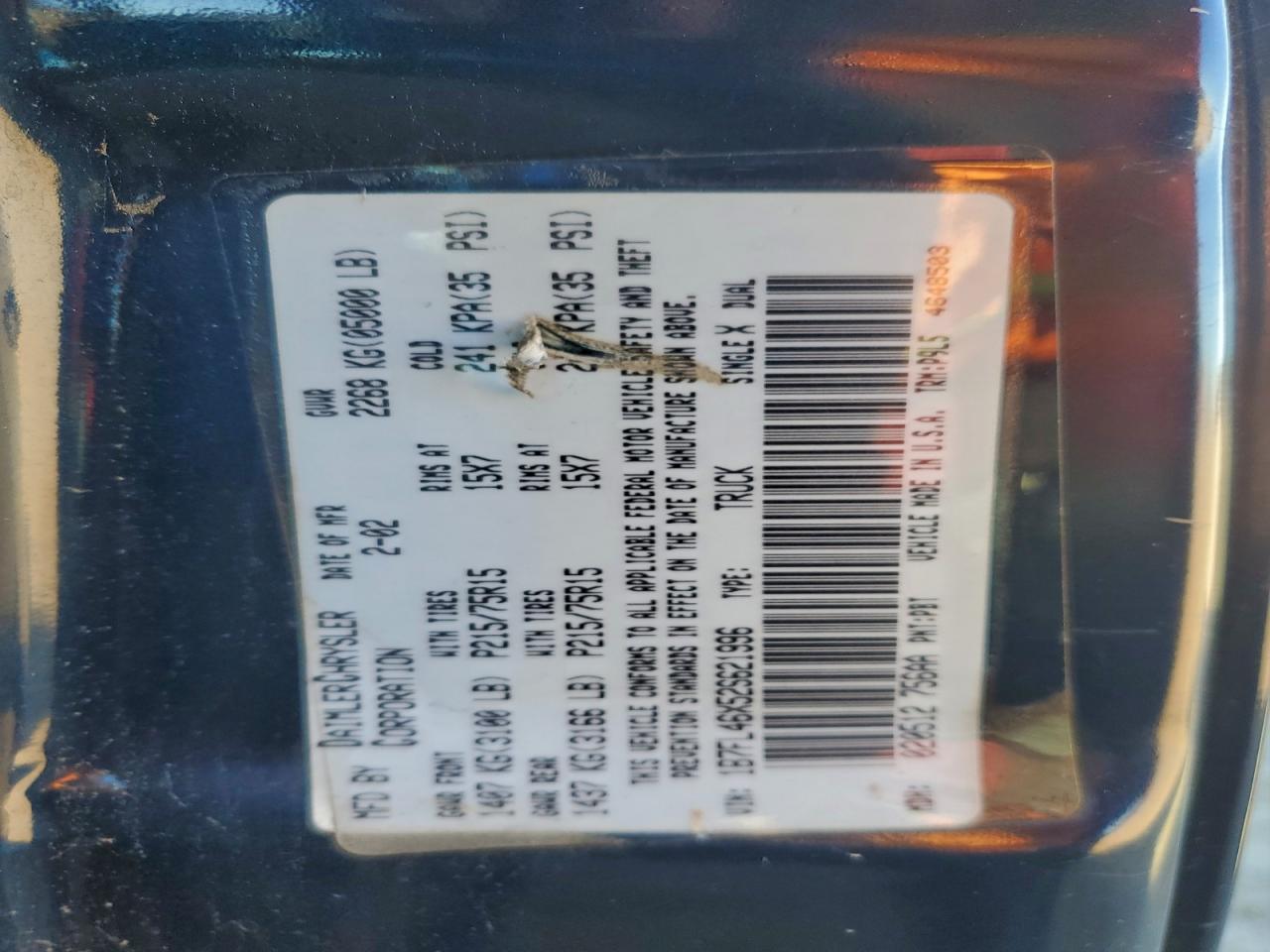 2002 Dodge Dakota Slt VIN: 1B7FL46X52S621996 Lot: 94758565