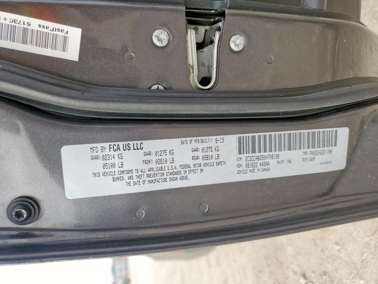 2019 Chrysler 300 S VIN: 2C3CCABG5KH708199 Lot: 93638805