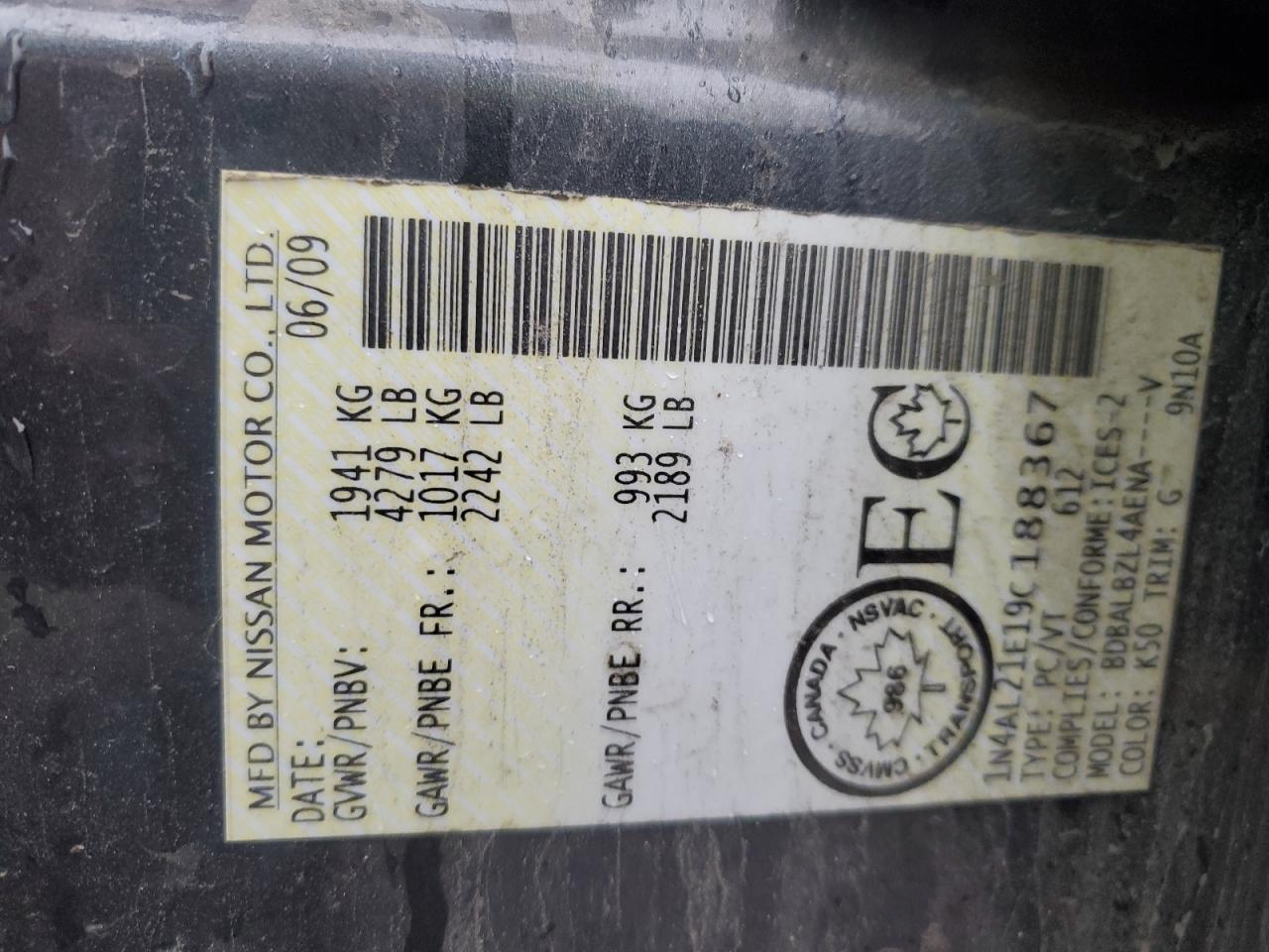 2009 Nissan Altima 2.5 VIN: 1N4AL21E19C188367 Lot: 91099315