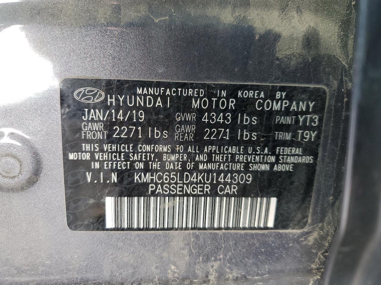 2019 Hyundai Ioniq VIN: KMHC65LD4KU144309 Lot: 92327275