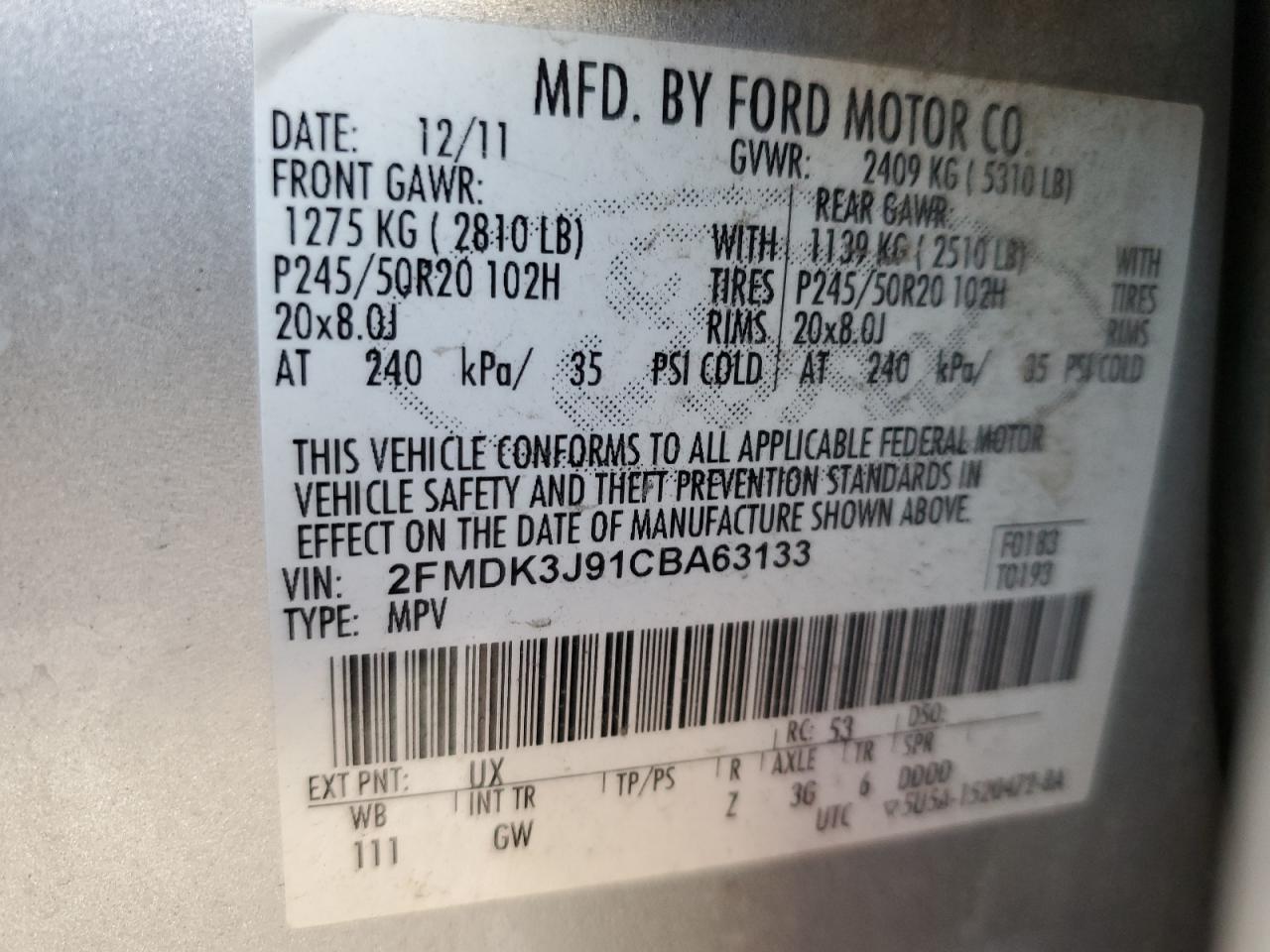 2012 Ford Edge Sel VIN: 2FMDK3J91CBA63133 Lot: 93052885