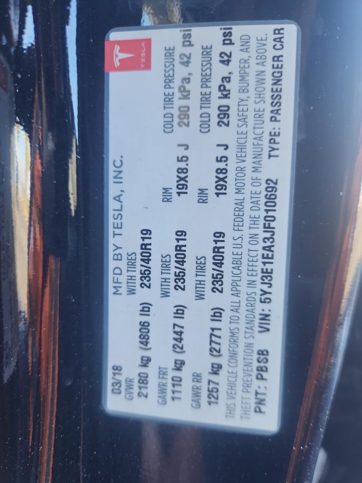 2018 Tesla Model 3 VIN: 5YJ3E1EA3JF010692 Lot: 91923245