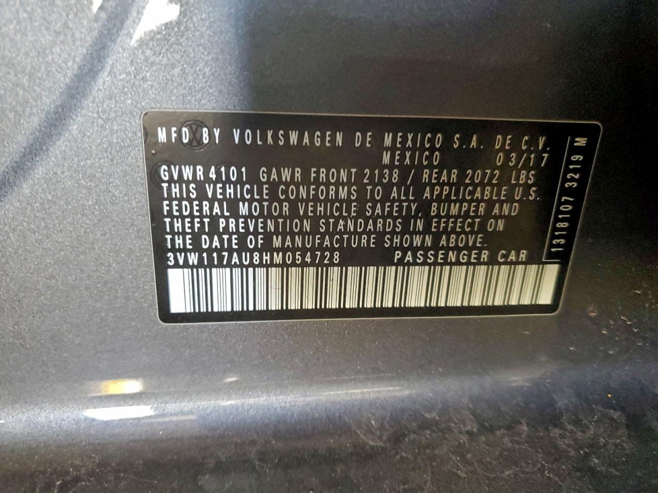 2017 Volkswagen Golf S VIN: 3VW117AU8HM054728 Lot: 93863015