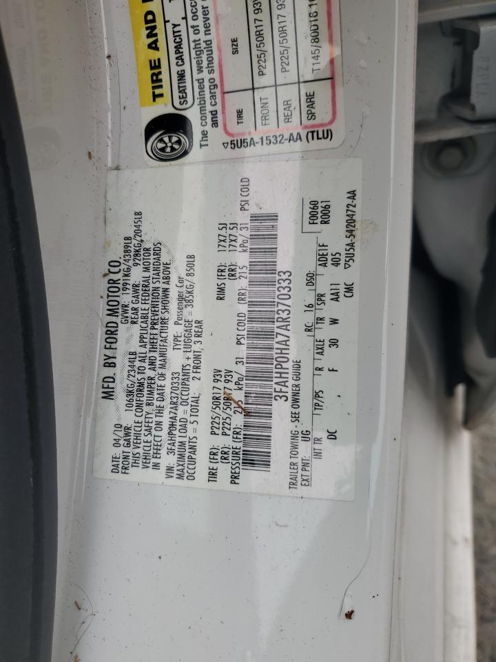 2010 Ford Fusion Se VIN: 3FAHP0HA7AR370333 Lot: 93754915