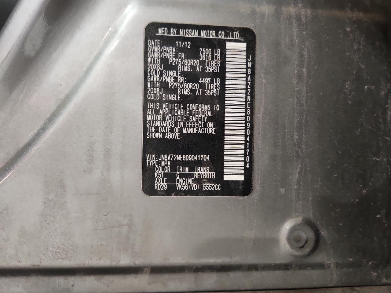 2013 Infiniti Qx56 VIN: JN8AZ2NE8D9041704 Lot: 92590115