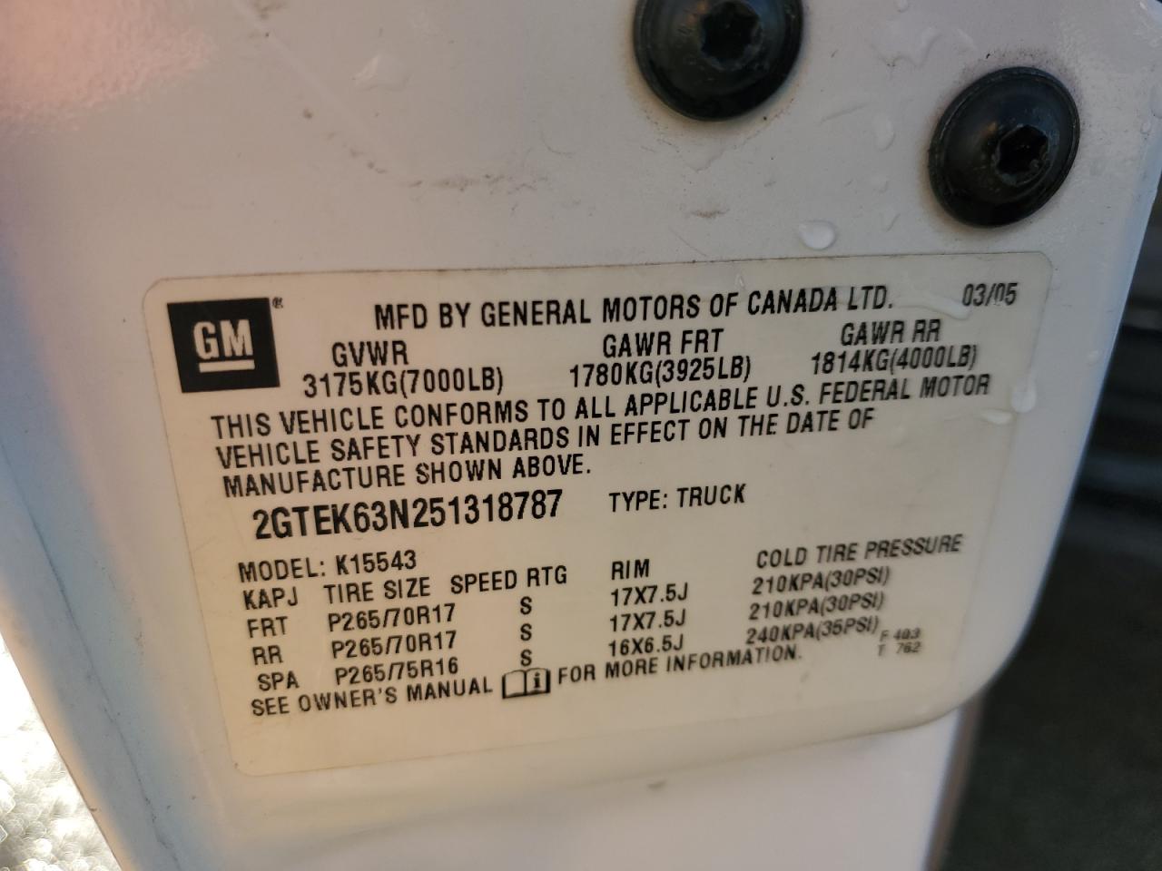 2005 GMC Sierra K1500 Denali VIN: 2GTEK63N251318787 Lot: 93268355