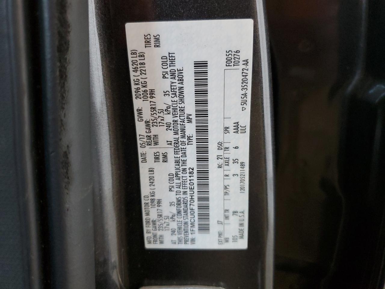 2017 Ford Escape S VIN: 1FMCU0F70HUE01182 Lot: 91900475