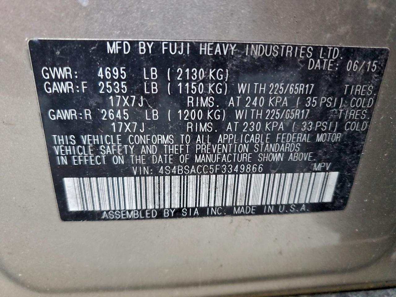 2015 Subaru Outback 2.5I Premium VIN: 4S4BSACC5F3349866 Lot: 93681955