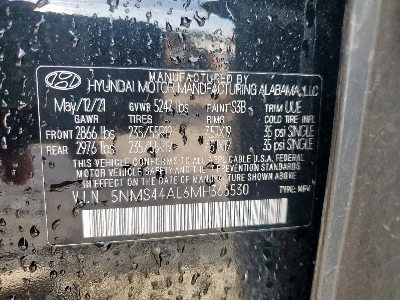 2021 Hyundai Santa Fe Limited VIN: 5NMS44AL6MH365530 Lot: 93230435