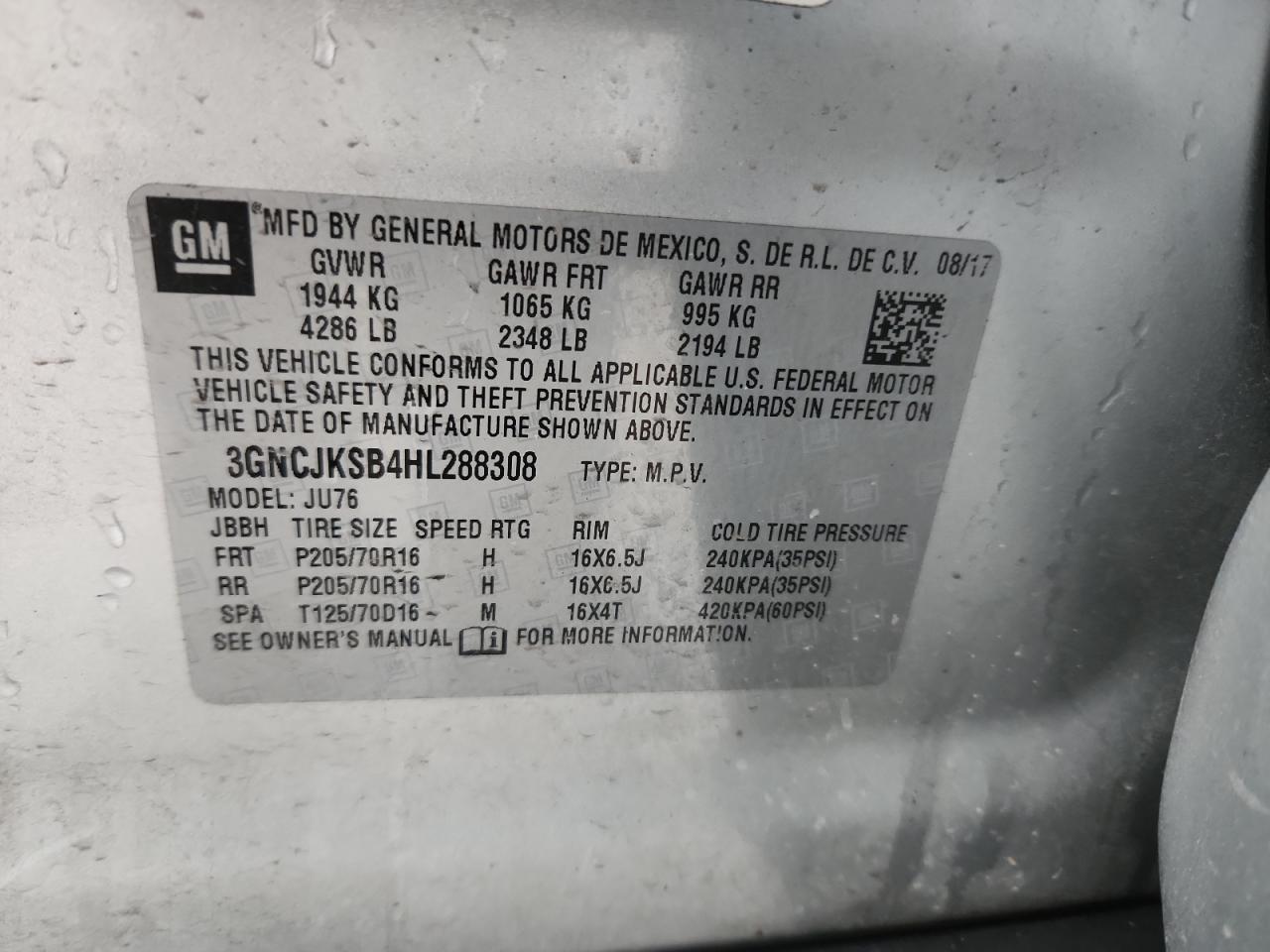 2017 Chevrolet Trax Ls VIN: 3GNCJKSB4HL288308 Lot: 92916335