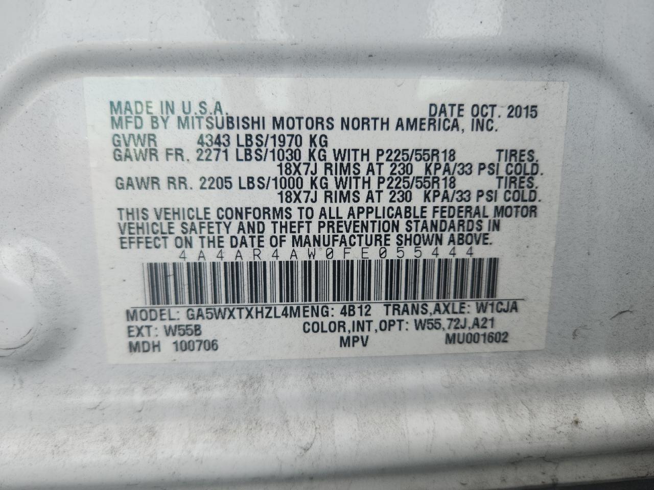 2015 Mitsubishi Outlander Sport Se VIN: 4A4AR4AW0FE055444 Lot: 91138155