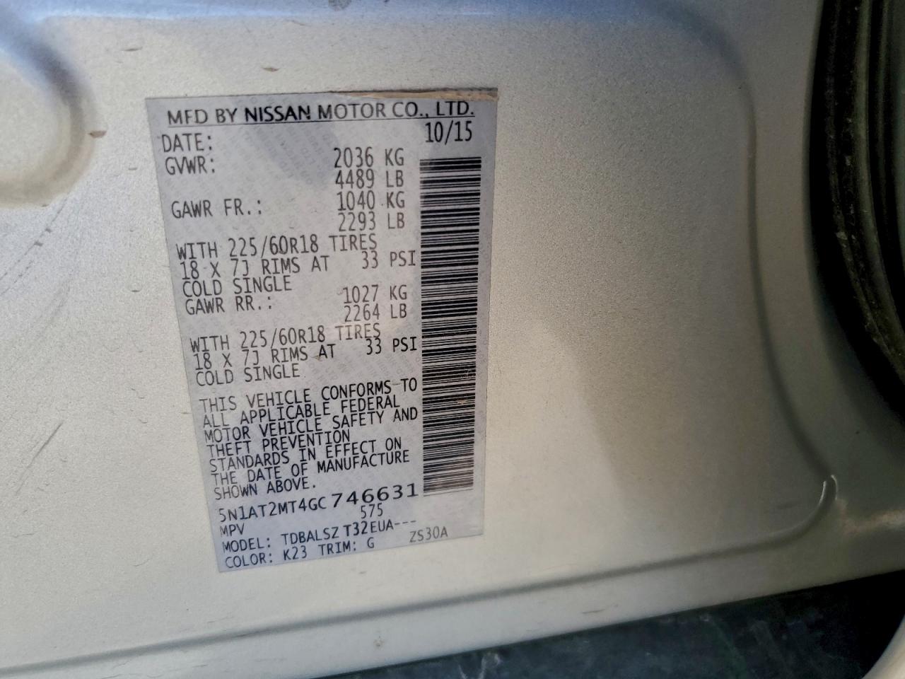 2016 Nissan Rogue S VIN: 5N1AT2MT4GC746631 Lot: 94077295