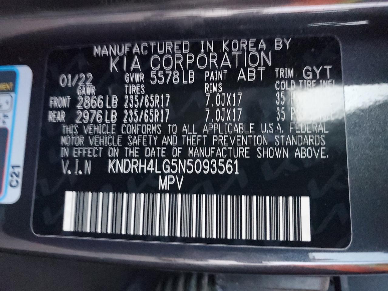 2022 Kia Sorento Ex VIN: KNDRH4LG5N5093561 Lot: 91102895