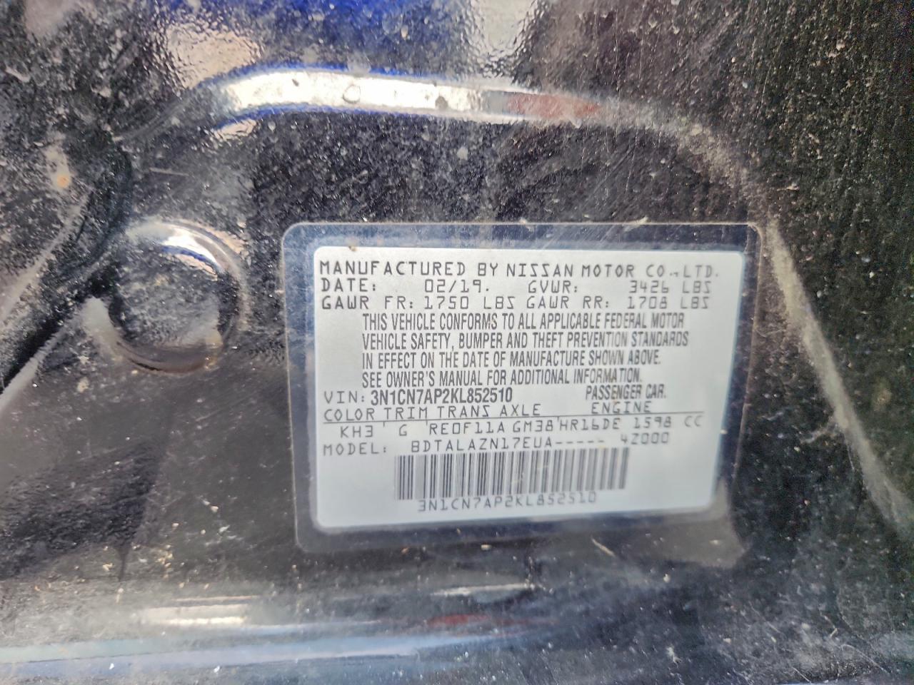 2019 Nissan Versa S VIN: 3N1CN7AP2KL852510 Lot: 93873205