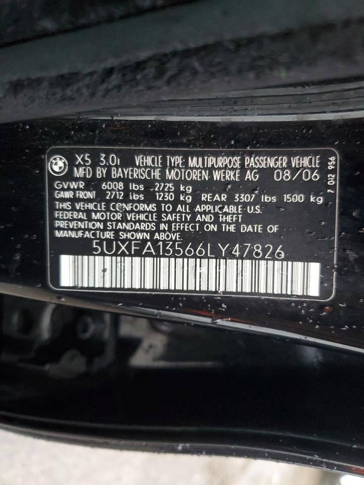 2006 BMW X5 3.0I VIN: 5UXFA13566LY47826 Lot: 92013845