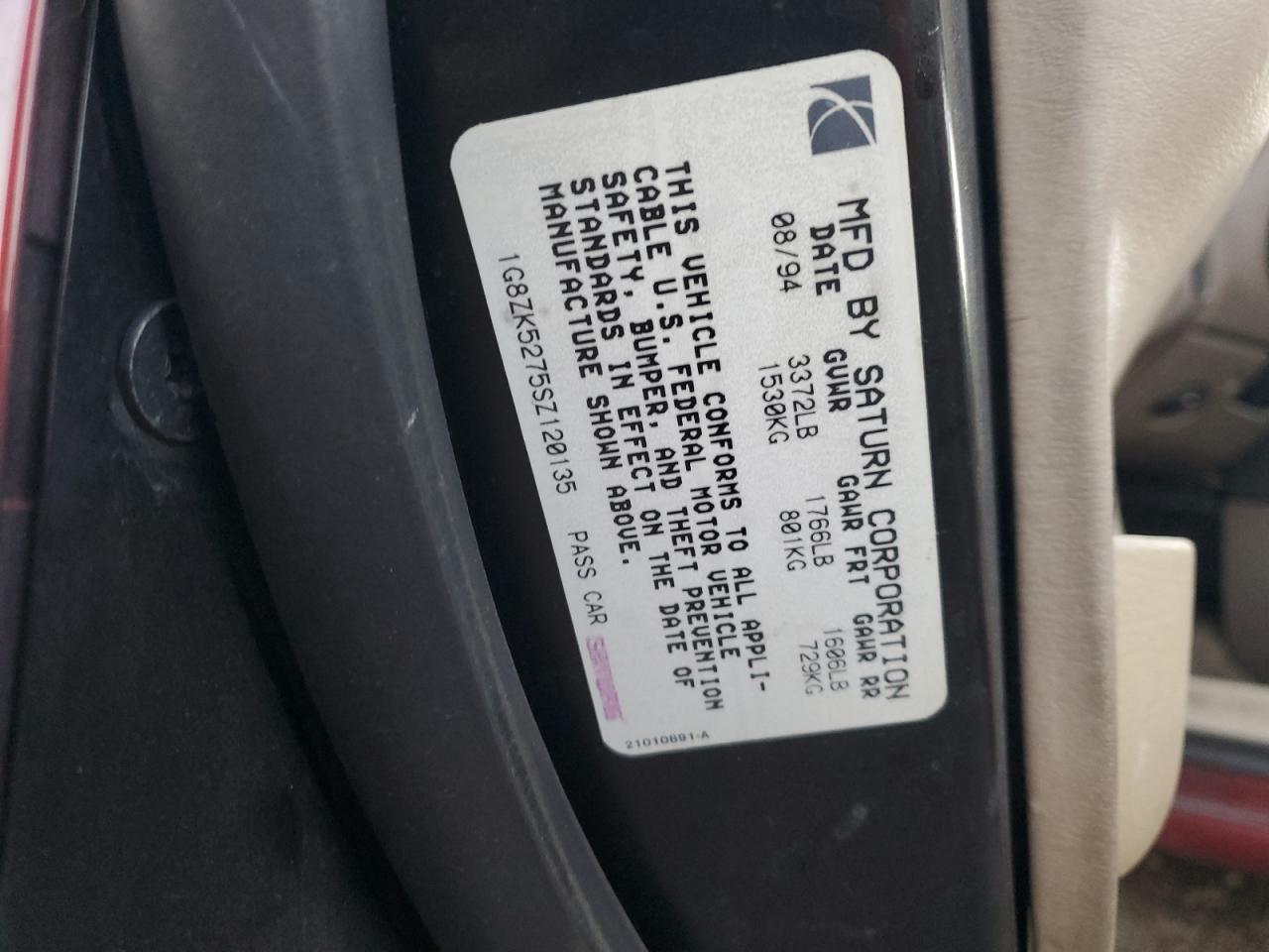 1995 Saturn Sl2 VIN: 1G8ZK5275SZ120135 Lot: 85399075