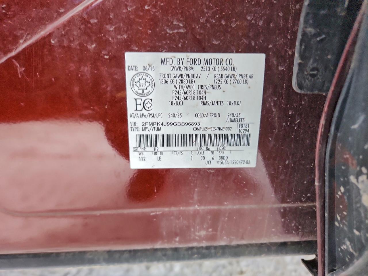 2016 Ford Edge Sel VIN: 2FMPK4J99GBB96893 Lot: 94571345