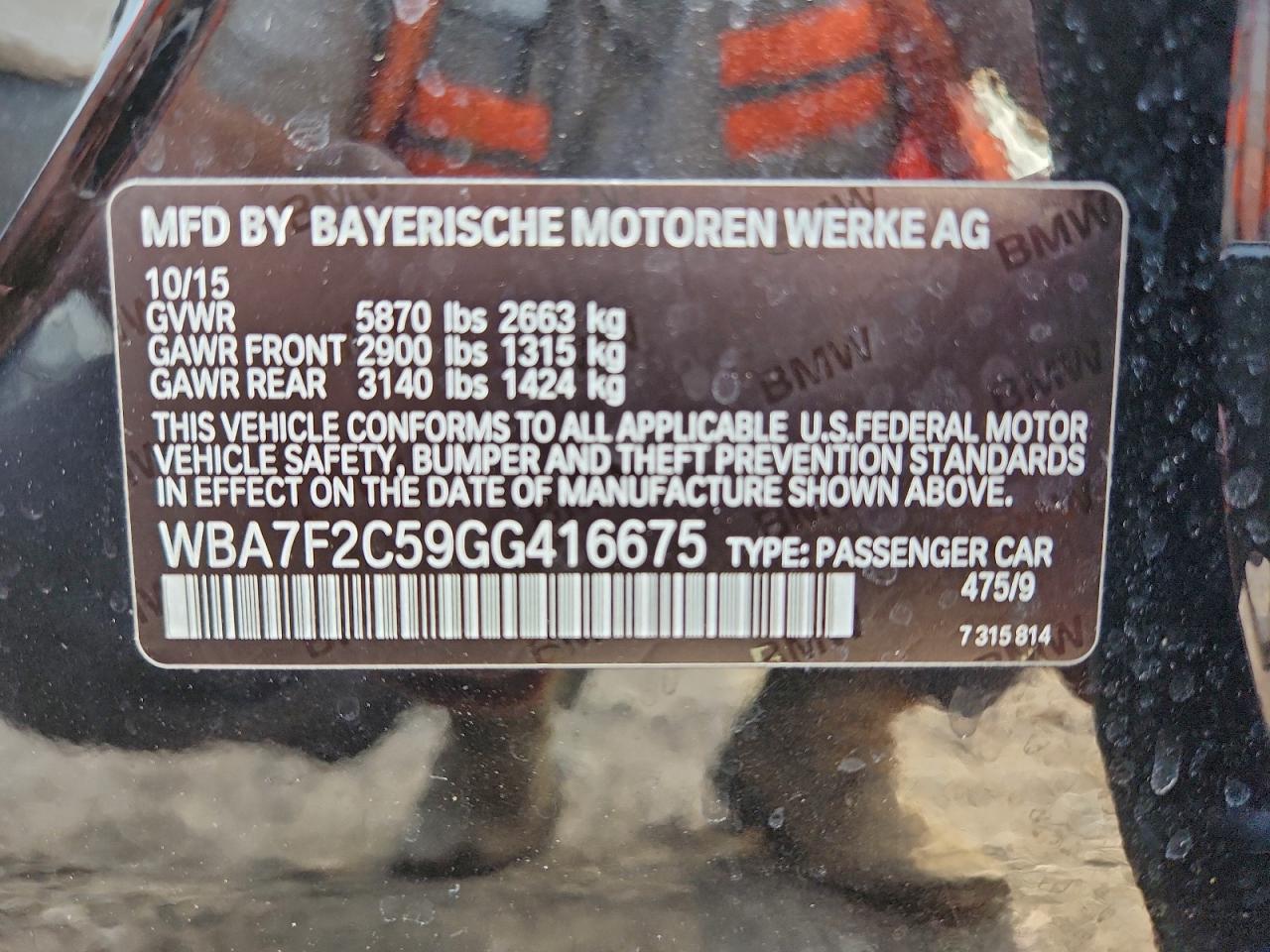 2016 BMW 750 Xi VIN: WBA7F2C59GG416675 Lot: 94649025