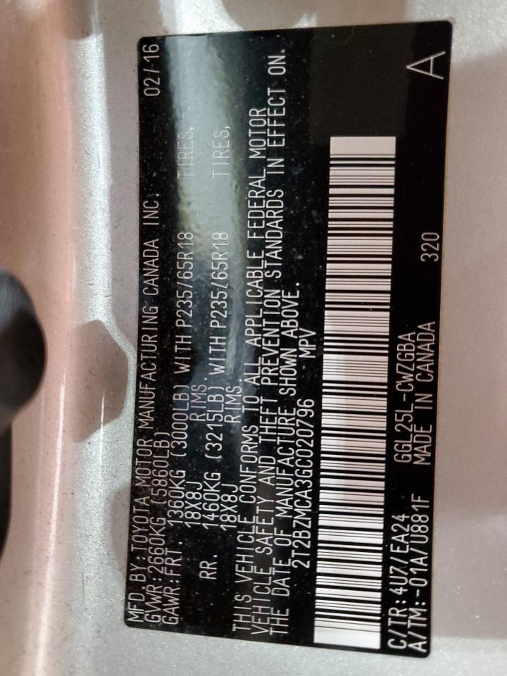 2016 Lexus Rx 350 Base VIN: 2T2BZMCA3GC020796 Lot: 92260375