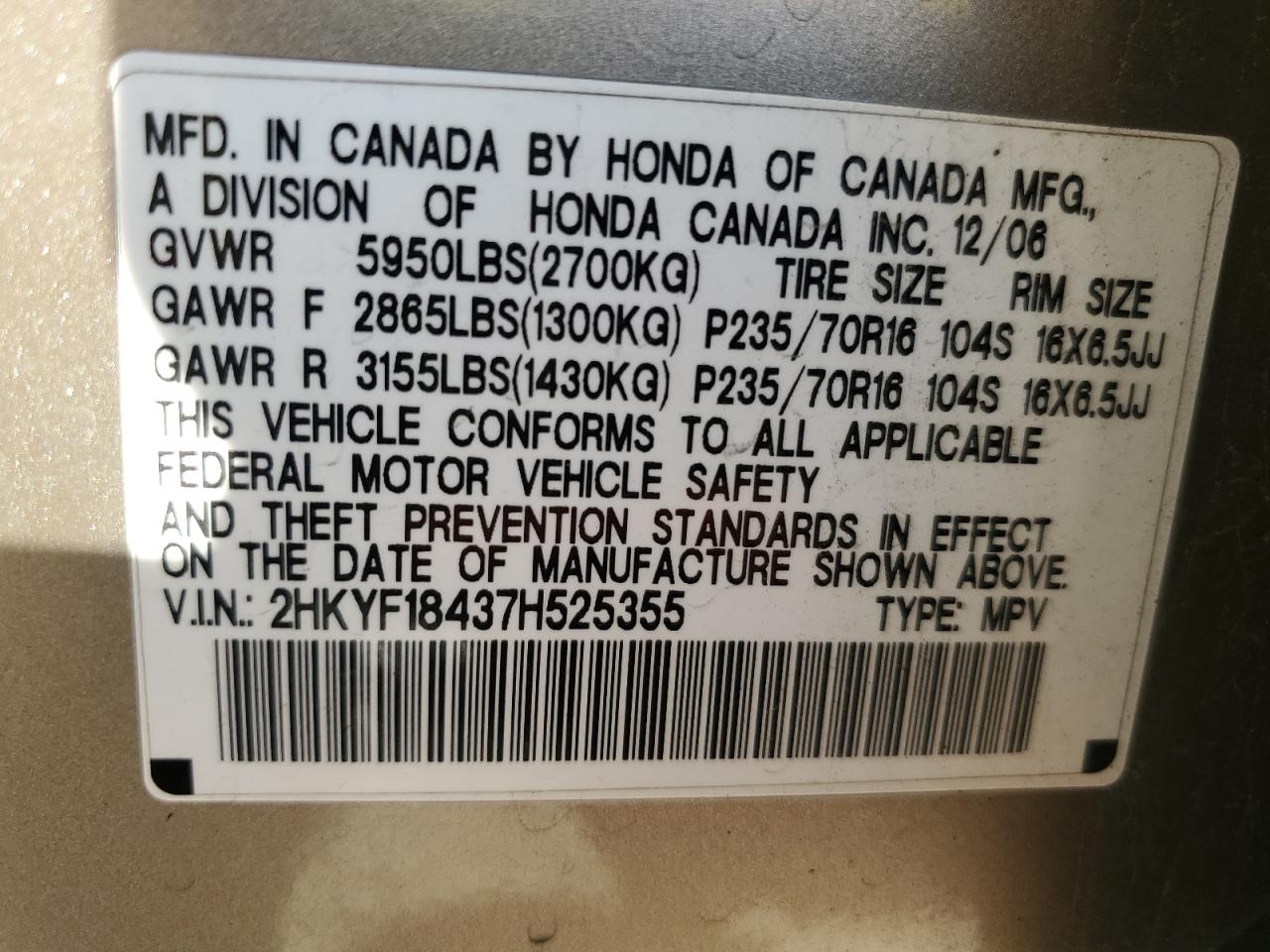 2007 Honda Pilot Ex VIN: 2HKYF18437H525355 Lot: 93538335
