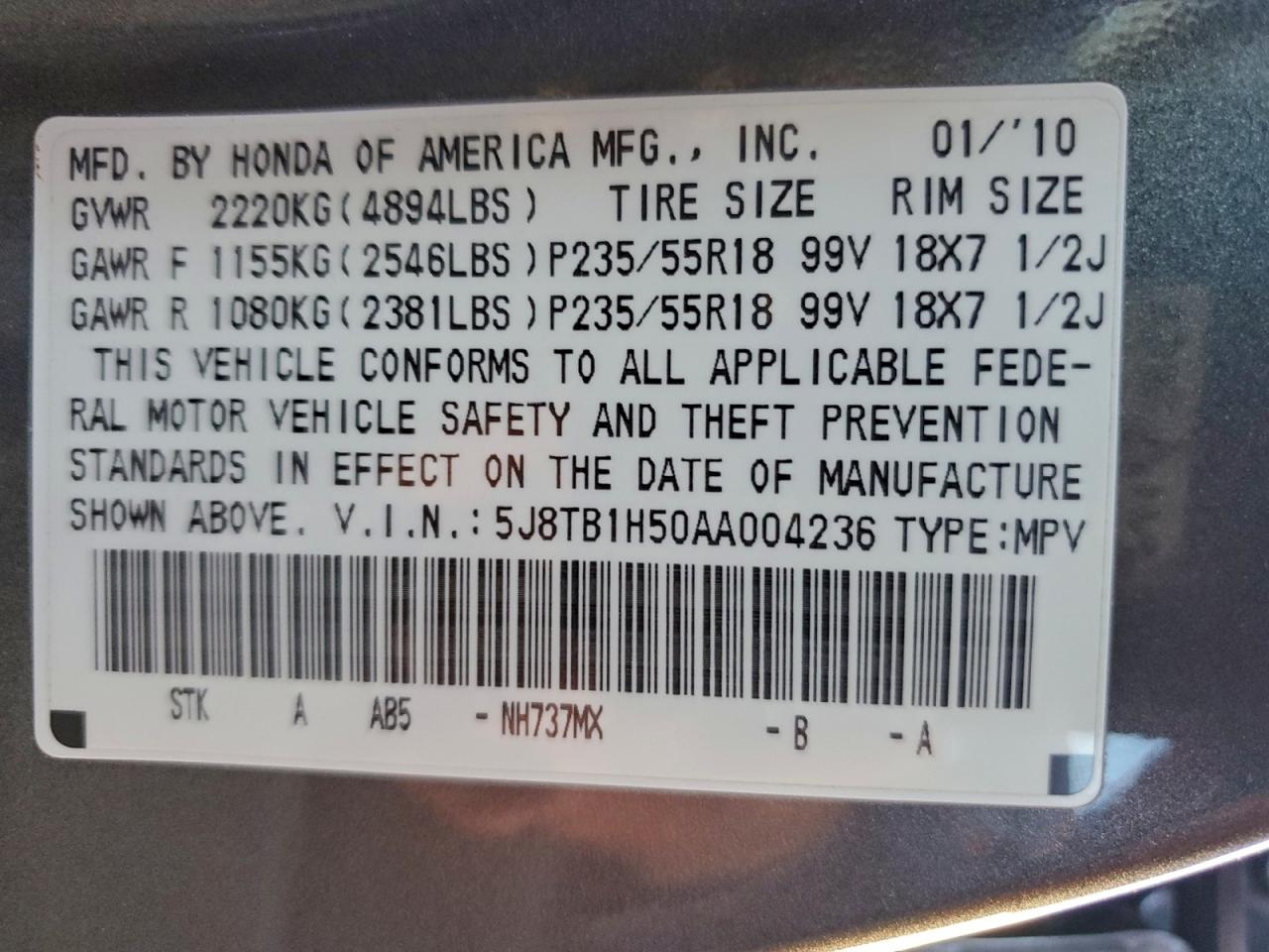 2010 Acura Rdx Technology VIN: 5J8TB1H50AA004236 Lot: 94358395