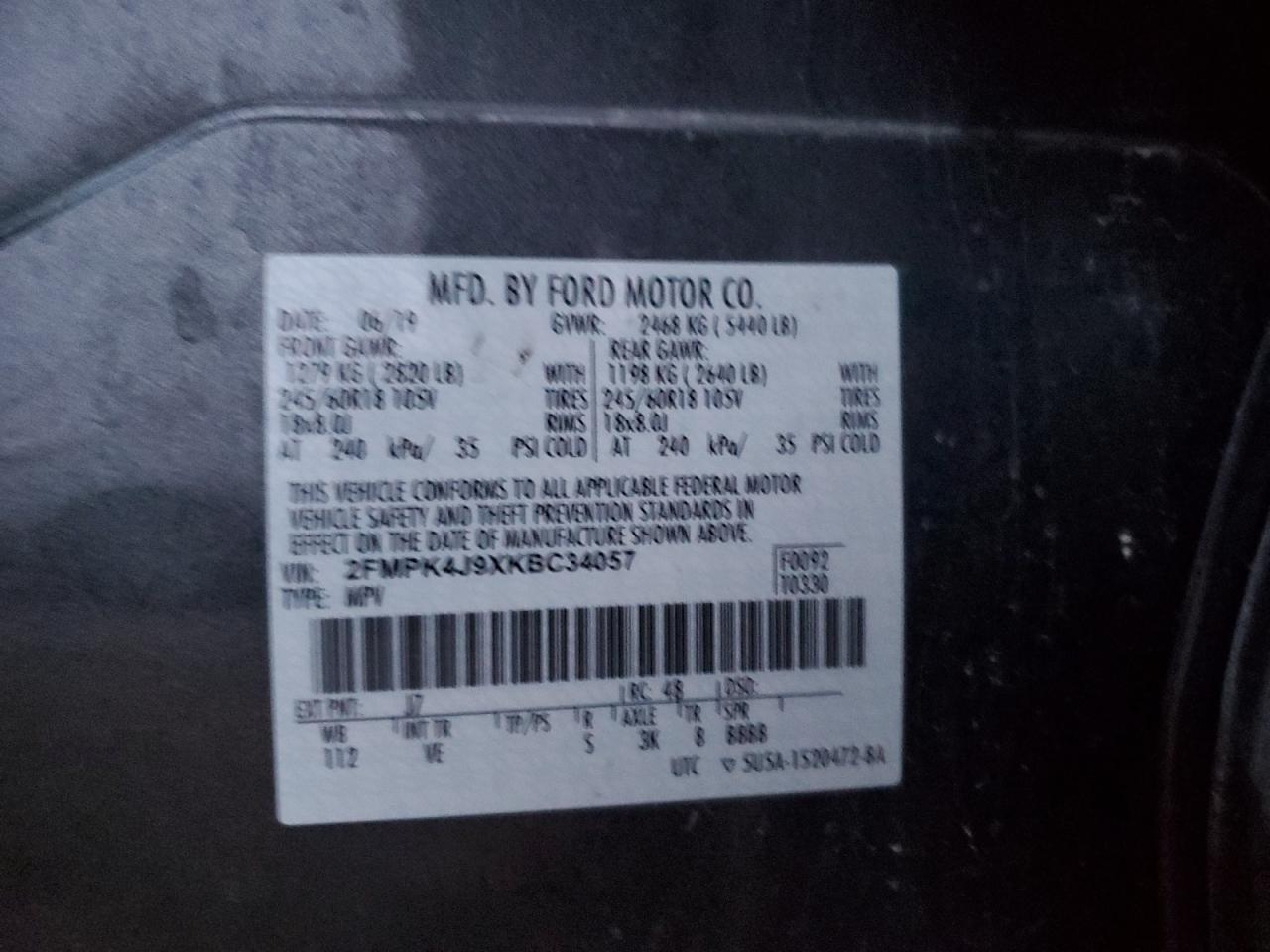 2019 Ford Edge Sel VIN: 2FMPK4J9XKBC34057 Lot: 93732415