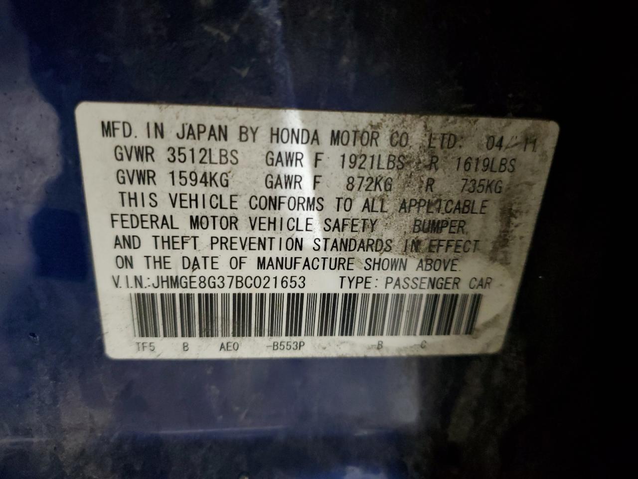 2011 Honda Fit VIN: JHMGE8G37BC021653 Lot: 91574345