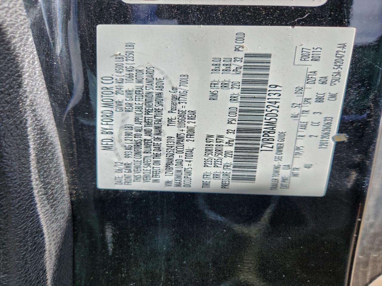 2013 Ford Mustang VIN: 1ZVBP8AM5D5241319 Lot: 93707315