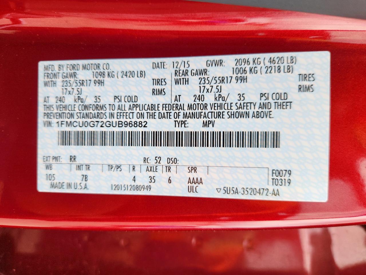 2016 Ford Escape Se VIN: 1FMCU0G72GUB96882 Lot: 91988275