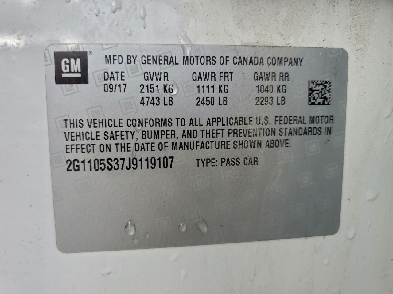 2018 Chevrolet Impala Lt VIN: 2G1105S37J9119107 Lot: 94369355