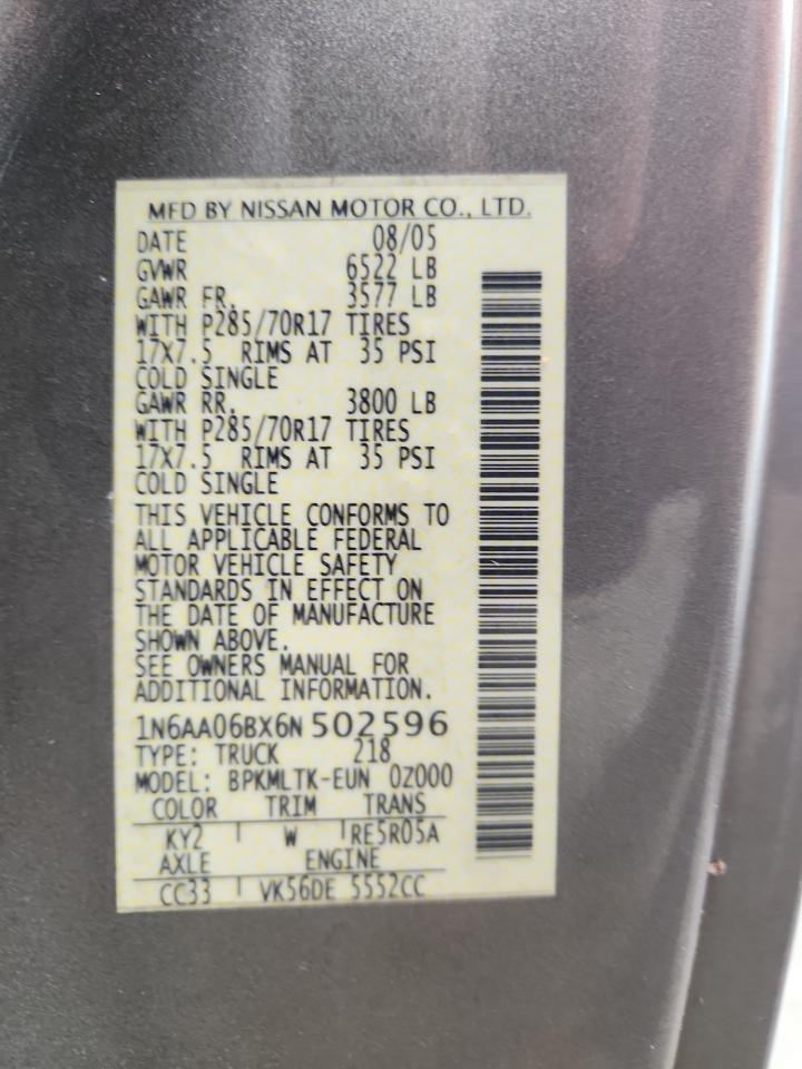 2006 Nissan Titan Xe VIN: 1N6AA06BX6N502596 Lot: 91266895